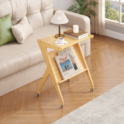 Wooden End Table With Wheels, Bamboo Side Table