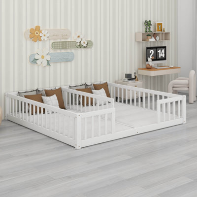 Double Twin Size Floor Bed With Fence, Wooden Floor Bed For 2 Kids With Guardrails,Without Door