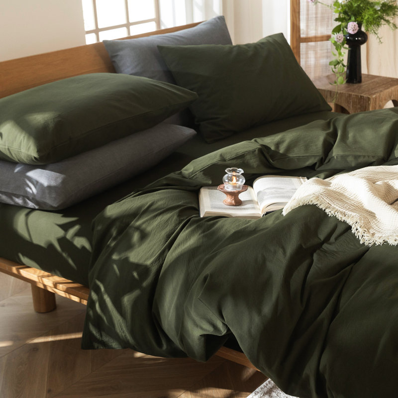 Ensemble de housse de couette 100% coton délavé MooMee, Housse de couette pour très grand lit et 2 taies , Vert olive