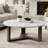 Fina 38 Inch Round Coffee Table, White Genuine Marble Top, Natural Brown Mango Wood 3 Leg Sled Base