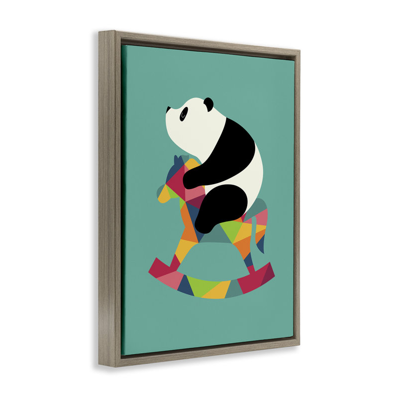 Panda sur un cheval à bascule, art mural sur toile flottante, design par Andy Westface, H 21 po x l 17 po