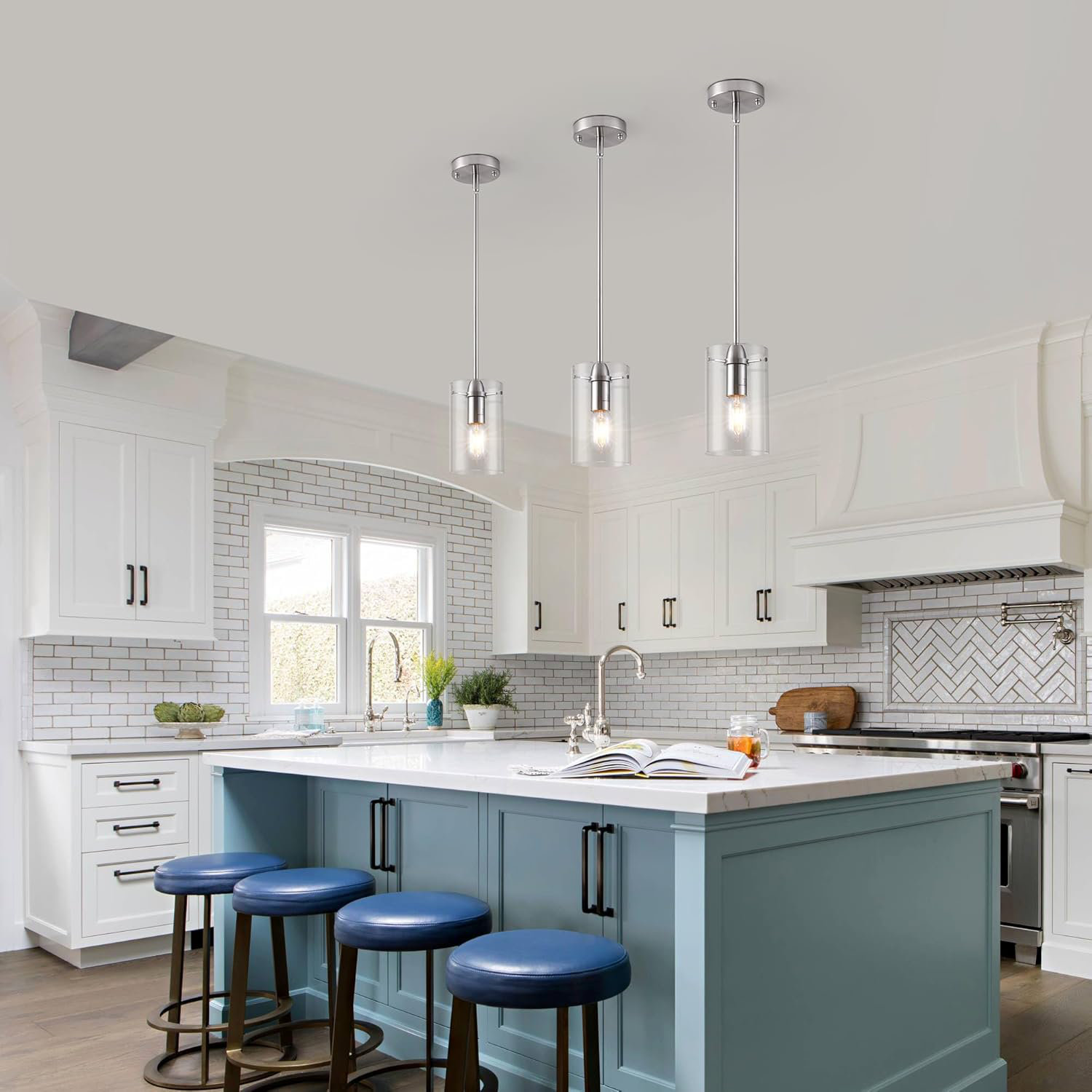 Farmhouse Industrial Pendant Light - Adjustable Hanging Glass Fixture For Kitchen Island, Dining, Bedroom (Matte Black)