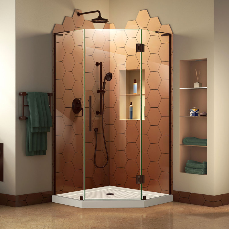 Prism Plus 38" W x 38" D x 74.75" H Frameless Neo-Angle Shower Enclosure with Base Included, Oil Rubbed Bronze/White