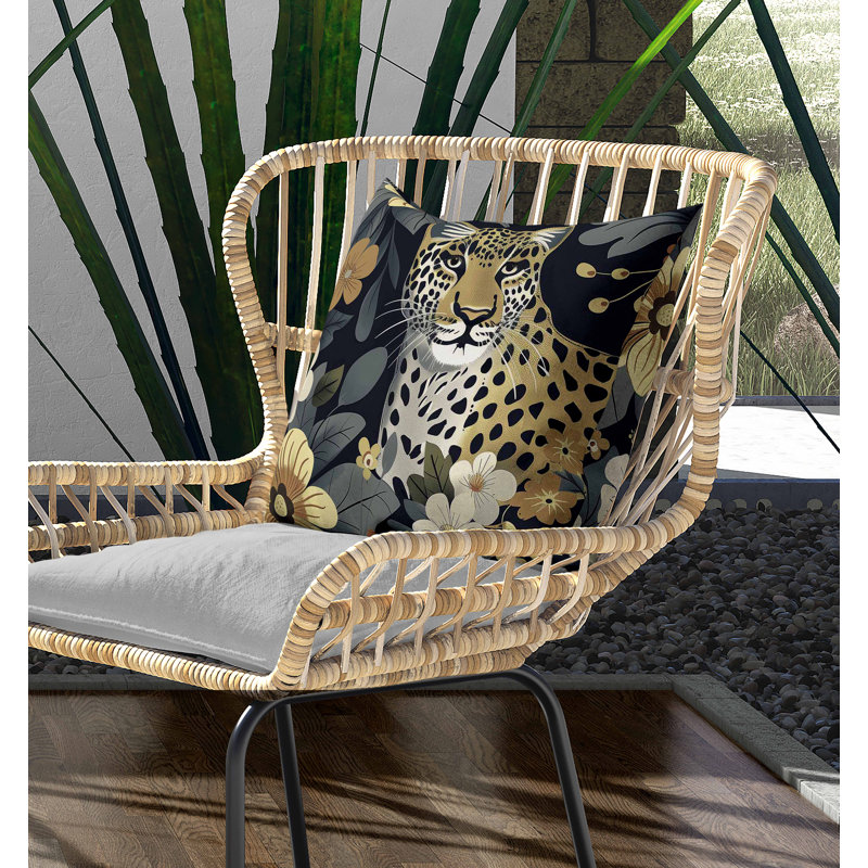 Coussin intérieur / extérieur Jungle Cat, Beige / jaune / gris, Carré 16 po