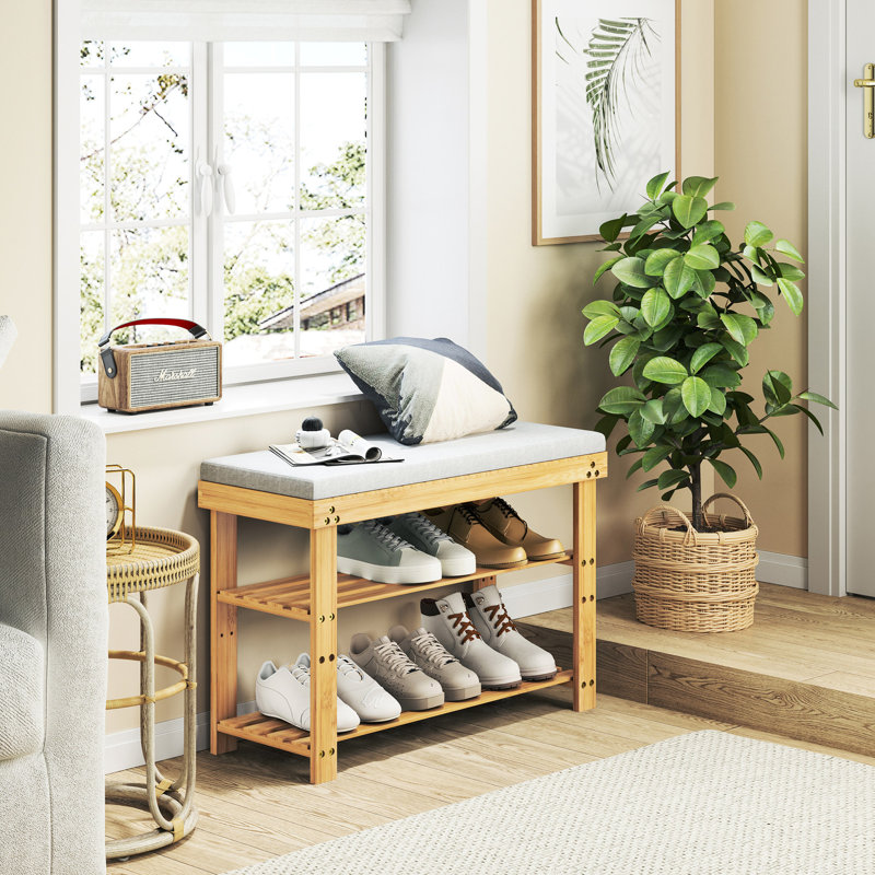 Banc de couloir avec coussin confortable et tablettes réglables pour une entrée pratique et contemporaine, Kaki