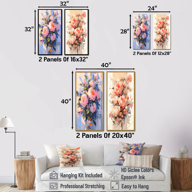 «Peony Whisperes Bouquet», ensemble de 2 reproductions d'art sur toile, Encadrement doré, H 40 po x l 41 po
