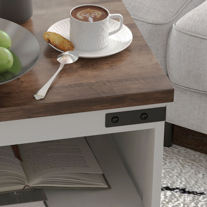 Modern Farmhouse End Table with Shelf and Cupboard, White, Brown, White