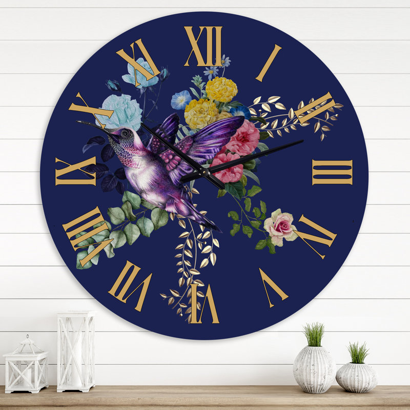 Petit oiseau sur un bouquet coloré de fleurs sauvages I - Horloge murale traditionnelle, Moyenne