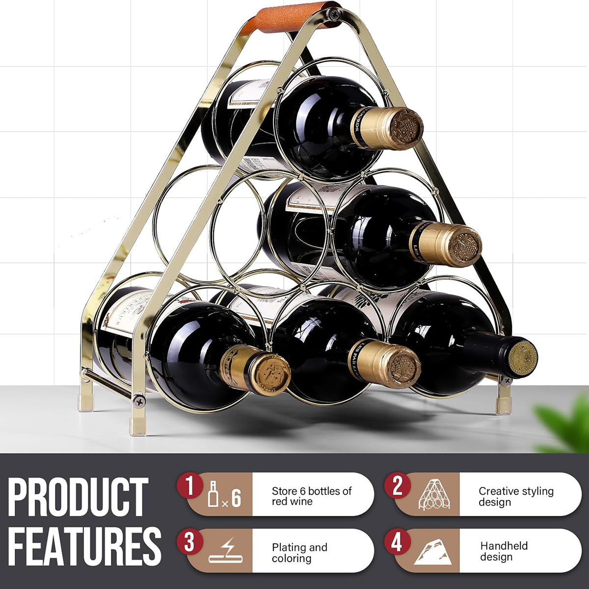 Ivy Bronx Countertop Wine Rack - 6 Bottle Freestanding Modern Gold ...