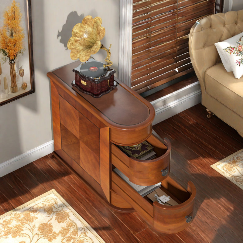 Solid Wood End Table with 2 Storage Drawers, No Assembly Required, Brown