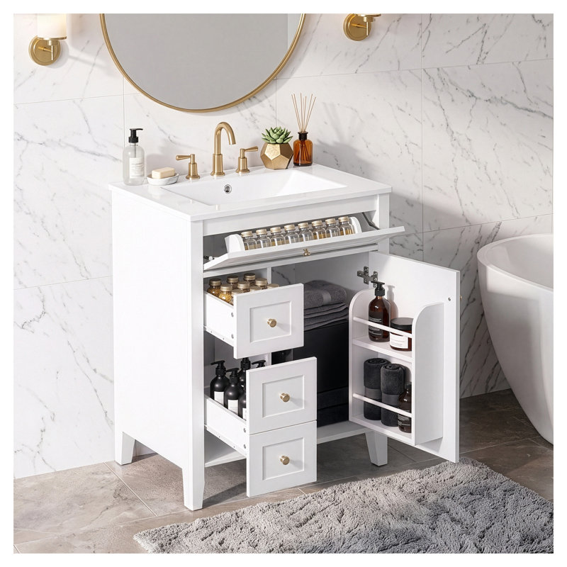 Meuble-lavabo simple 24 po avec lavabo en céramique, porte à fermeture douce et tablette de rangement ouverte de couleur blanche