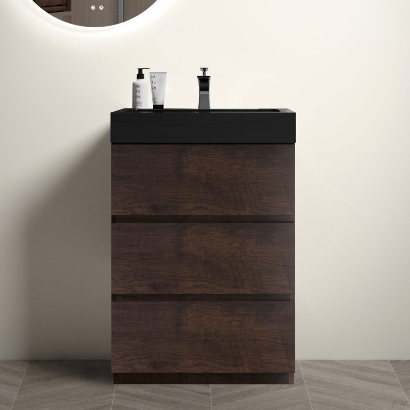 Meuble-lavabo de salle de bain avec lavabo, grand meuble-lavabo autoportant avec rangement, lavabo une pièce noir sans drain ni robinet, pré-assemblé