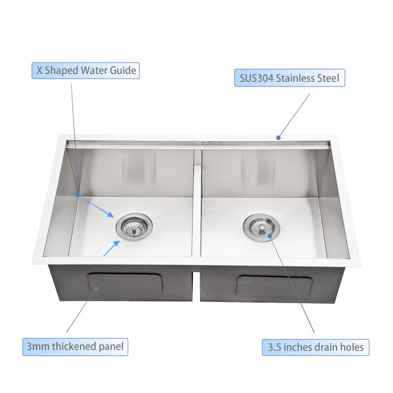 Double Bowl Stainless Steel Kitchen Sink, Brushed, 16, 10" H x 19" W x 30" L