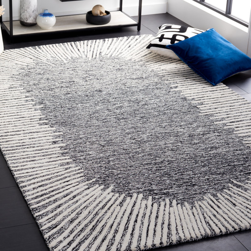 Janyla Hand Tufted Wool/Cotton Abstract Rug in Black/Ivory, Rectangle 4' x 6'