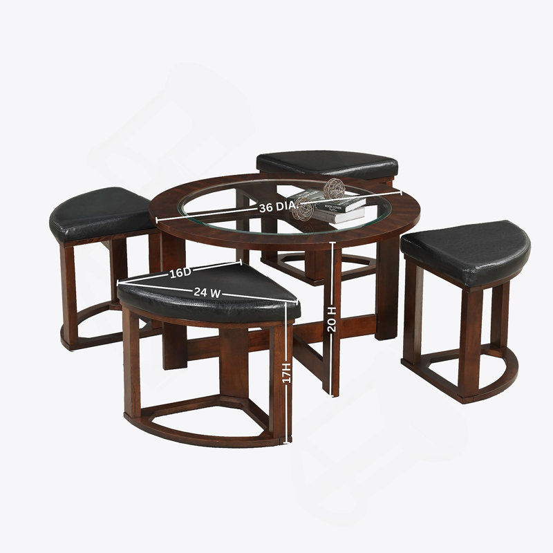 Solid Wood Glass Top Round Table Set, Coffee Table With 4 Stools