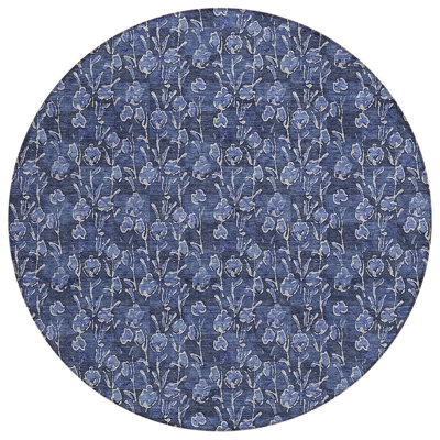 HomeRoots 8' Navy Blue Denim Blue And Ivory Round Floral Washable Indoor Outdoor Area Rug