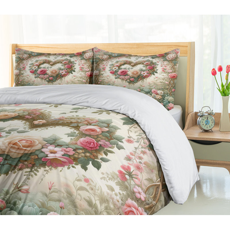 Floral Heart Duvet Cover, California King Duvet Cover + 2 Standard Shams