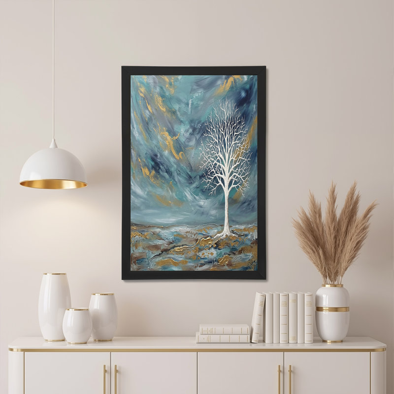 White Tree in Teal and Gold Abstract Landscape Canvas Wall Art, 16"H x 24"W