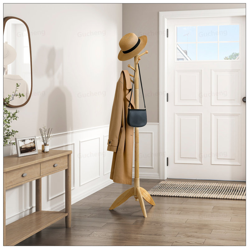 Natural Finish Solid Wood Coat Rack With 11 Hooks, Perfect For Entryway And Home Organization, Natural