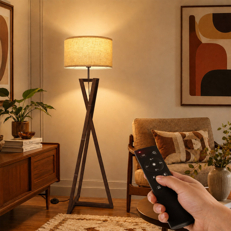 60.24" Solid Wood Floor Lamp Custom Shape Lights With Foot Switch And Remote Control, Dark Brown