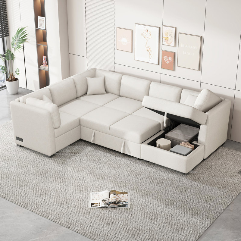 Canapé-lit modulaire en U 108,6 po avec deux ports USB, Beige