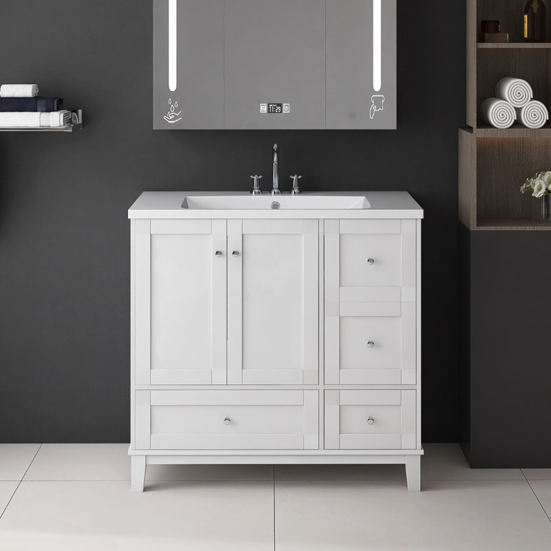 36 po X P 18 po P x 34 po Meuble-lavabo autoportant à simple cuve H avec plateau en marbre de culture blanc, Blanc