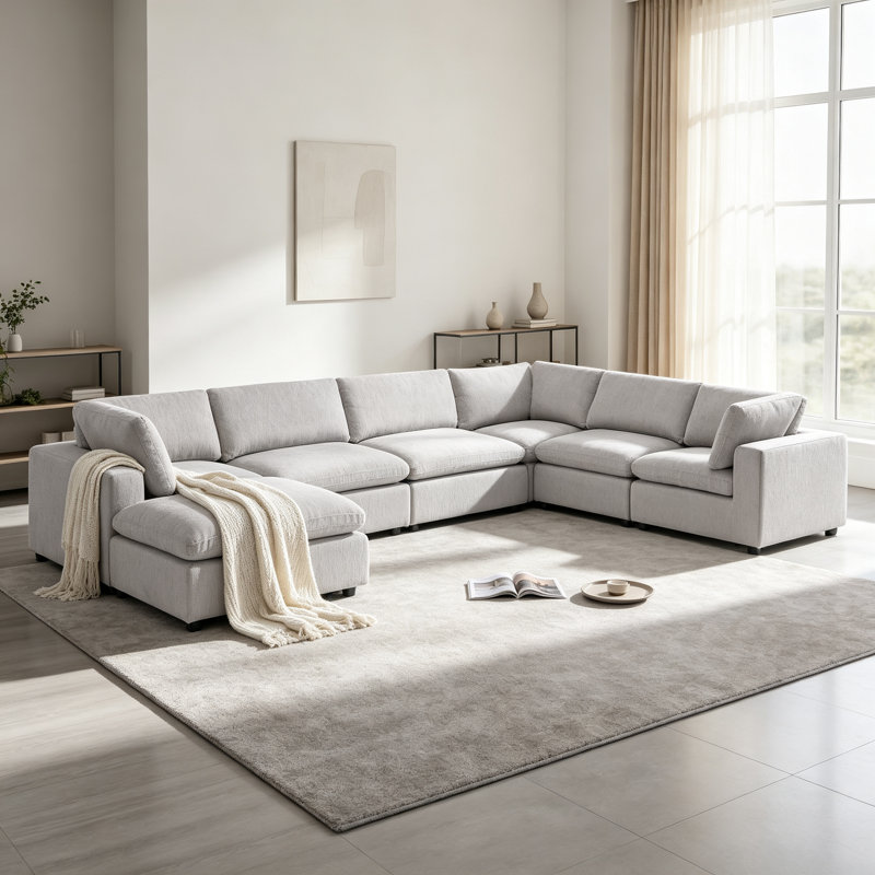 Canapé modulaire rembourré avec repose-pieds 7 pièces Nuccio, Gris clair