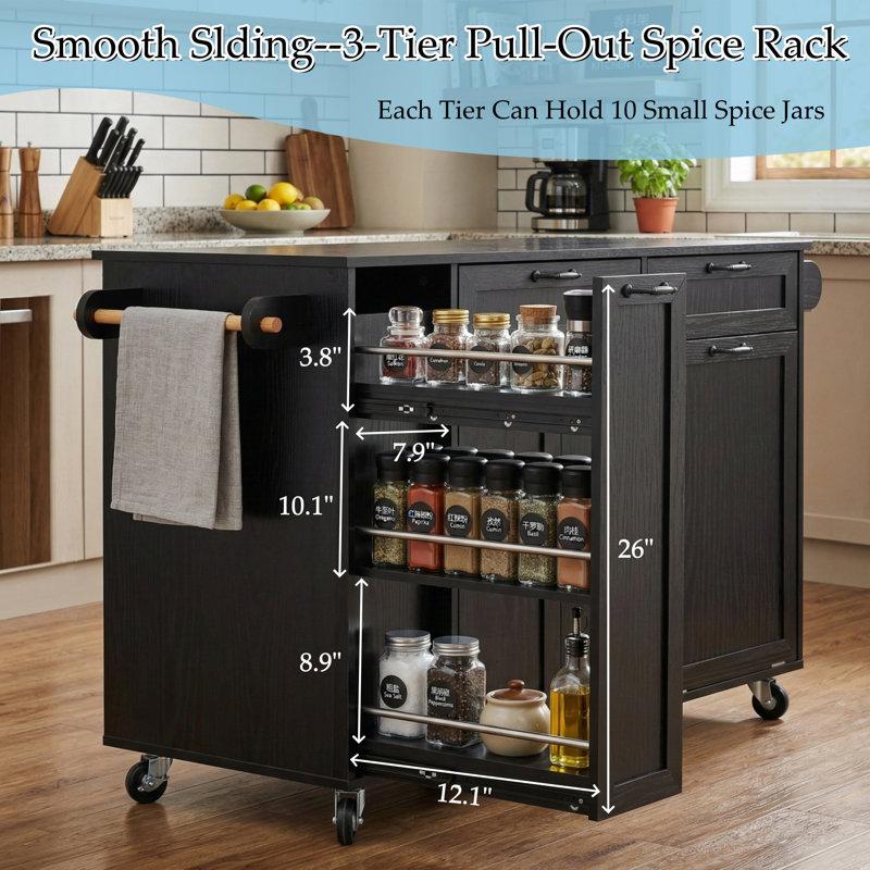 102.3" Modern Kitchen Island With Rotatable Extending Dining Table, Storage Kitchen Islands, Ash Black