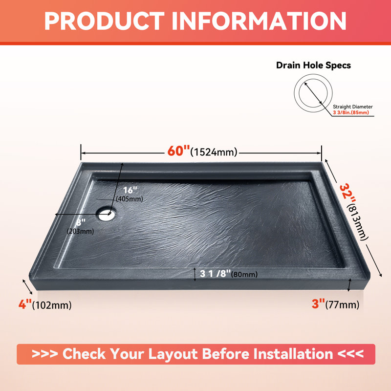 60" x 32" Single Threshold Alcove Shower Base with Left Drain, Integrated Flange and Low Profile Design, Gray, Left