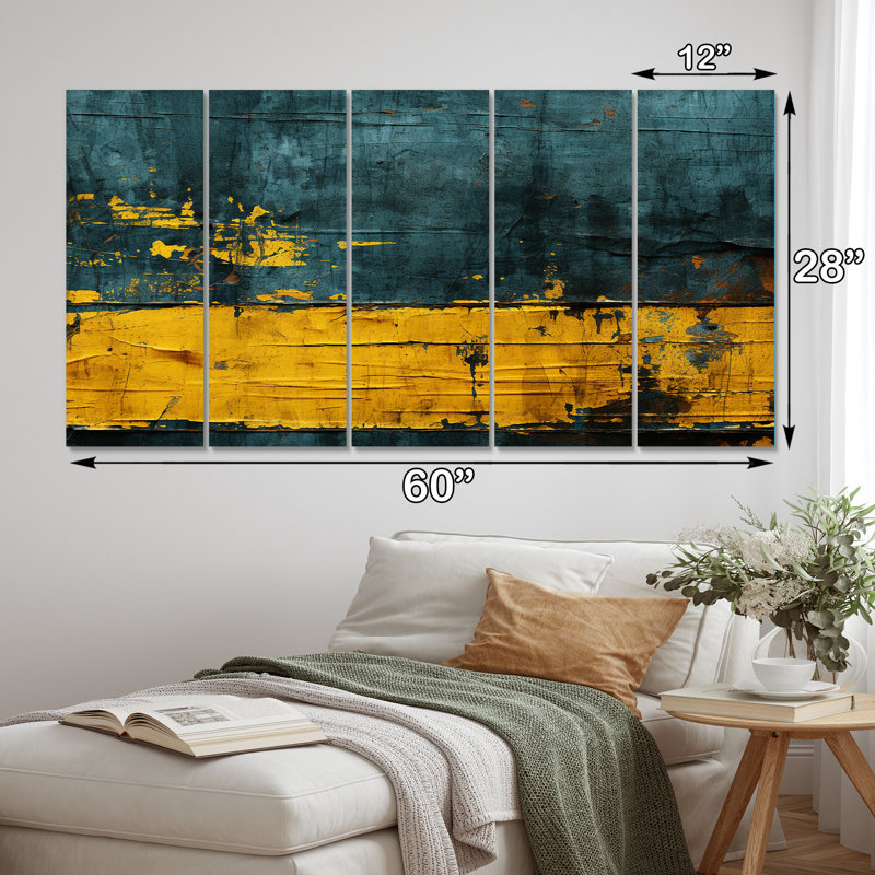 L'Ukraine revistée, jaune vieilli sur sarcelle sur toile, 5 pièces