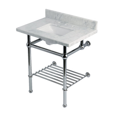 Kingston Brass Templeton 30-Inch Carrara Marble Console Sink with Brass Legs and Shelf (8-Inch, 3-Hole)