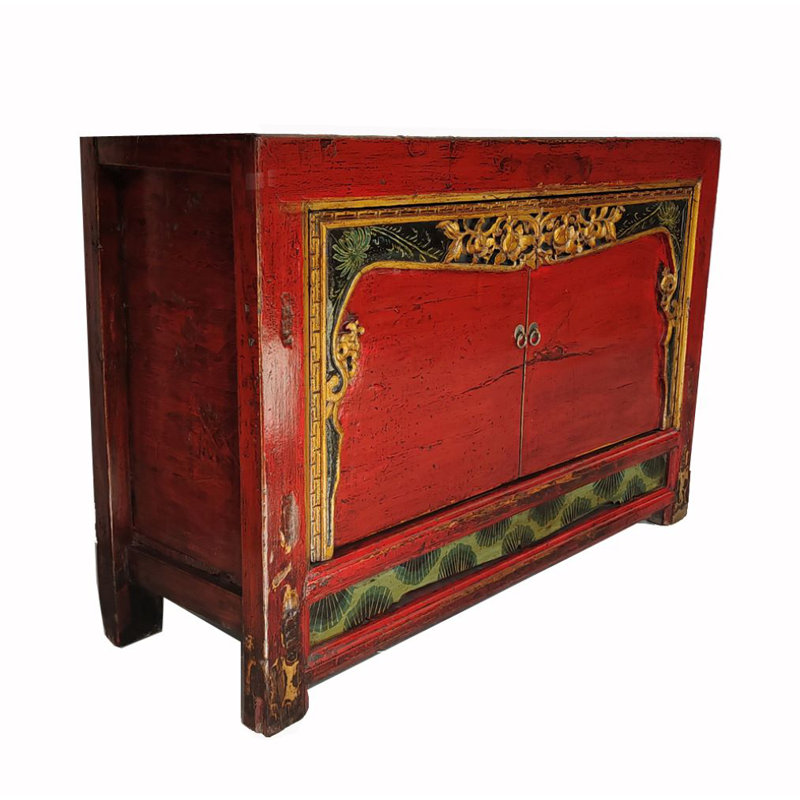 Armoire d'appoint antique rouge Shanxi avec portes à bordure sculptée