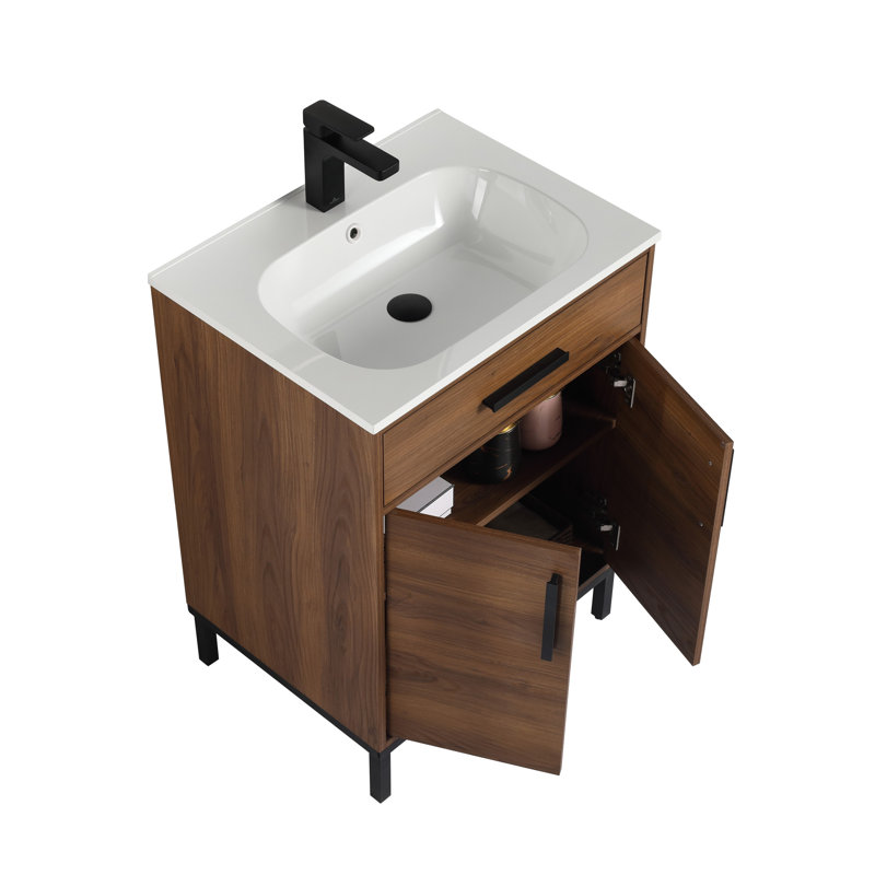 24 Inch Freestanding Bathroom Vanity with Sink – Solid Wood Cabinet, Soft-Close Doors & Adjustable Storage for Small Bathrooms