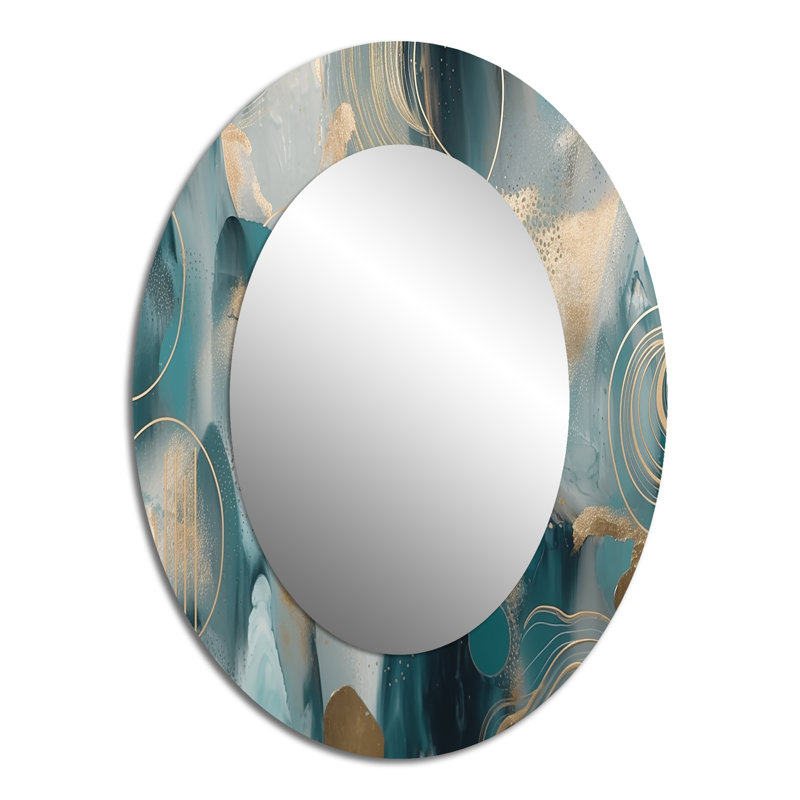 Green Gold Marbled Meditations V - Abstract Oval Decorative Mirror On Metal, 40" x 30"