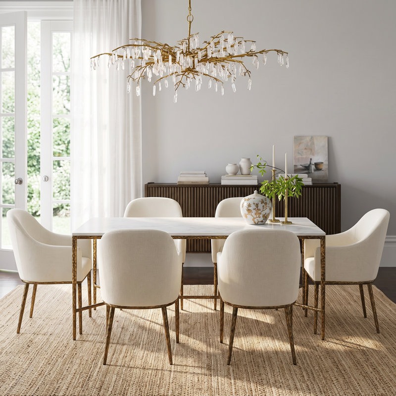 Ensemble de salle à manger 7 pièces Fernand avec table d'appoint en marbre et chaises rembourrées, Beige / laiton forgé