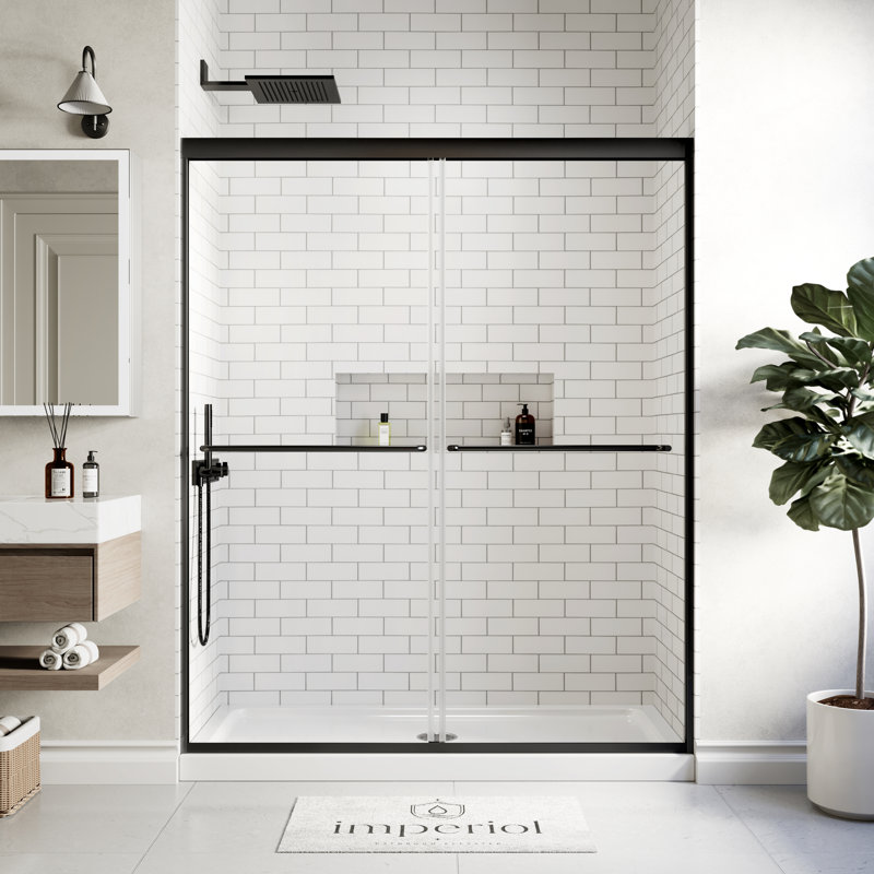 Porte de douche coulissante double demi-cadre avec verre trempé transparent de 1/4 po de l 56 po x H 70 po, Noir mat