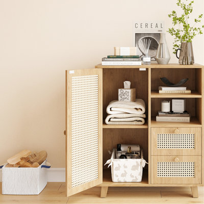 Buffet avec porte et tablette réglable pour le salon, la cuisine, le vestibule. Rangement pratique à deux tiroirs, construction durable, repose-pieds au sol, conception naturelle, facile à assembler, profondeur de 15,16 po