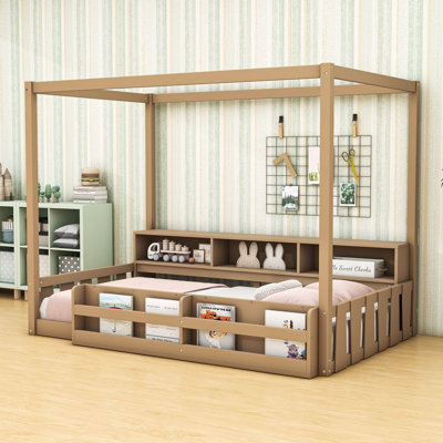Lit de sol Montessori en bois avec barrières de sécurité et compartiments de rangement latéraux