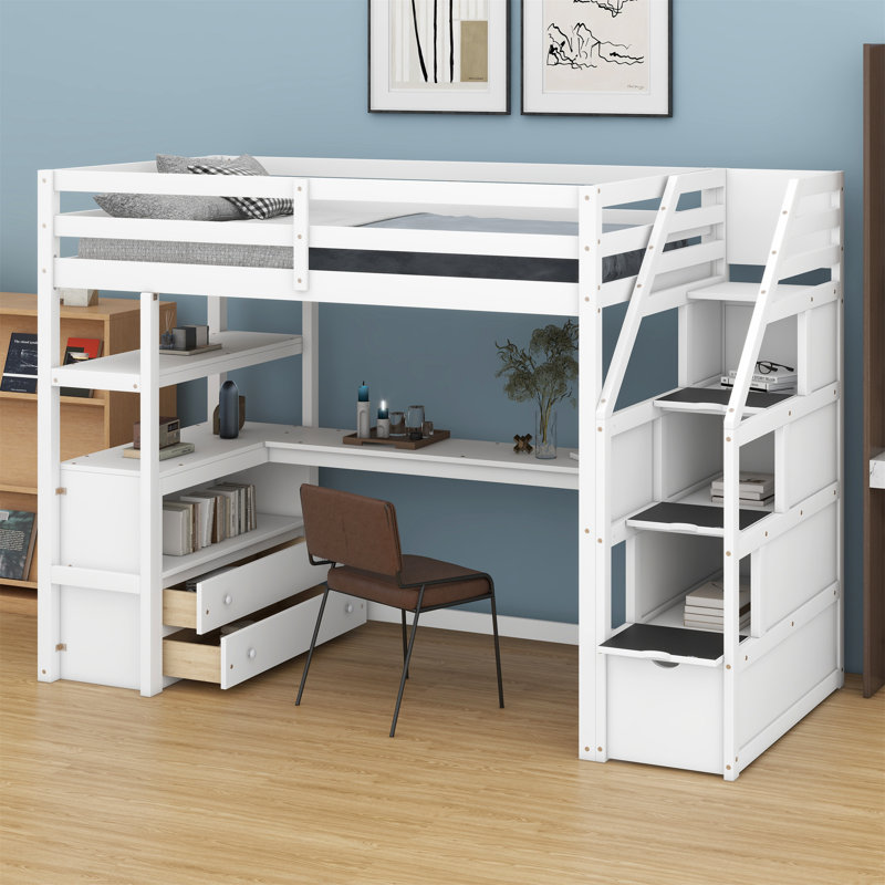 Lit mezzanine avec bureau et tablettes, deux tiroirs intégrés, escalier de rangement, Blanc
