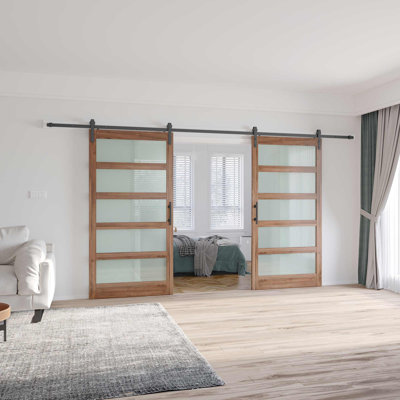 Brown Glass Manufactured Wood Double Barn Door with Installation Hardware Kit