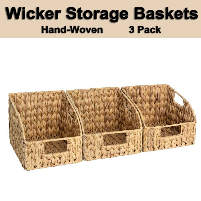 Storage Basket Wicker Baskets with Built-in Handles, 3 Pack Handwoven Rattan Bins