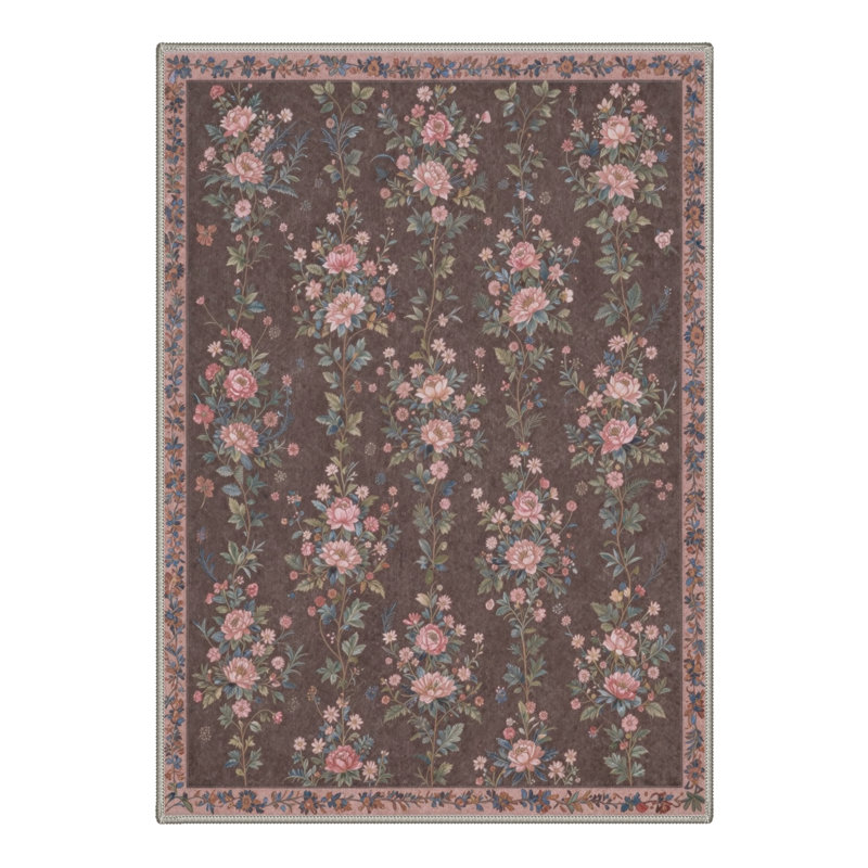 Tapis d'intérieur rose / vert / brun lavable à la machine Bellingham Verdure avec envers antidérapant, Rectangle 8' x 10'