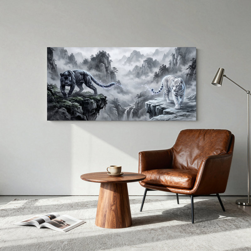 Ensemble de 1 tableau sur toile représentant une panthère noire et un tigre blanc, L 40 po x H 20 po, Toile tendue