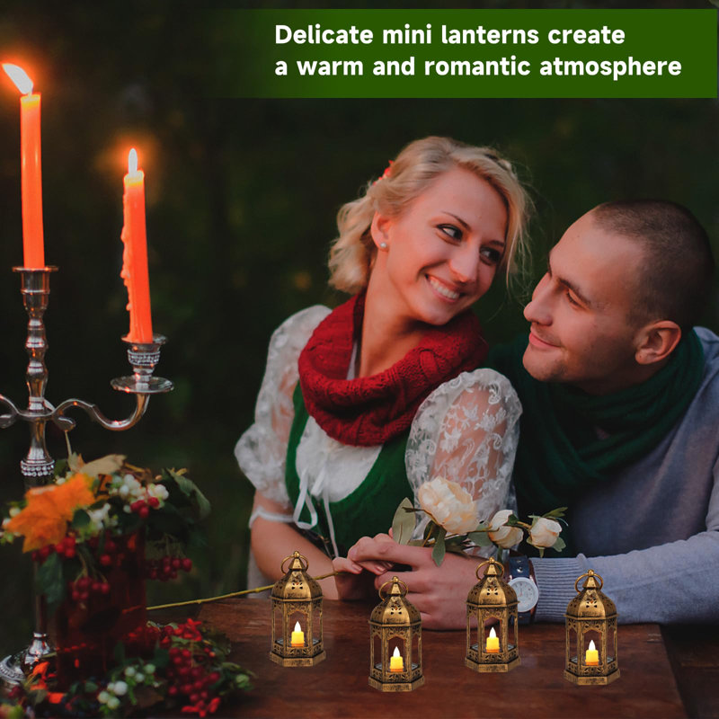8Pcs Mini Lanterns with Flickering LED Tea Candle, Bronze
