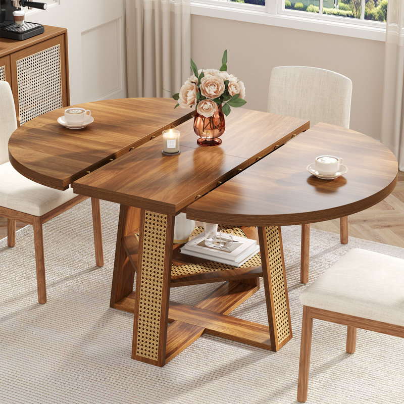 Table de salle à manger ronde extensible de 43 à 59 po pour 4 à 8 personnes, table de cuisine ovale en bois avec rallonges amovibles, table de salle à manger moderne avec tablette de rangement pour rangement, économie d'espace, noyer, pieds croisés
