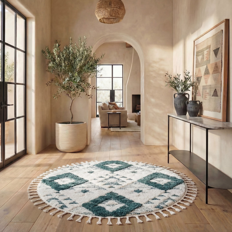 Imraan Tassel Shag Performance Geometric Rug, Round 6'7"