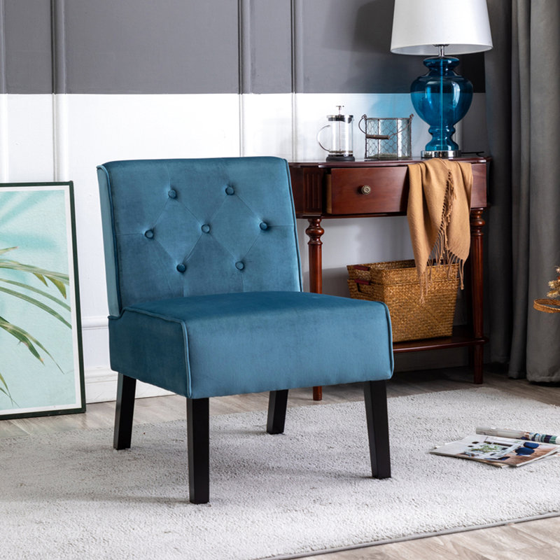 Fauteuil sans accoudoirs en velours bleu avec capitonnage à boutons et coussin en mousse, idéal pour le salon, la chambre à coucher et l'espace de bureau