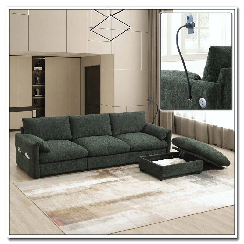 Canapé modulaire en L 96,5 po avec repose-pieds et poches, support de téléphone réglable, chargeur USB, Vert