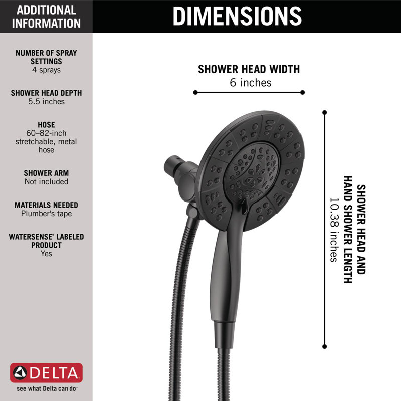 Pomme de douche double à 4 réglages avec douchette In2ition, douche à main 1,75 gallons par minute, Noir mat