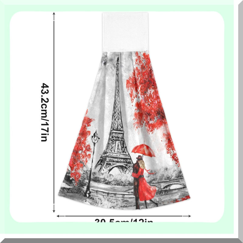 Soft Absorbent Hanging Hand Towels - Red Paris Couple Set for Kitchen & Bathroom